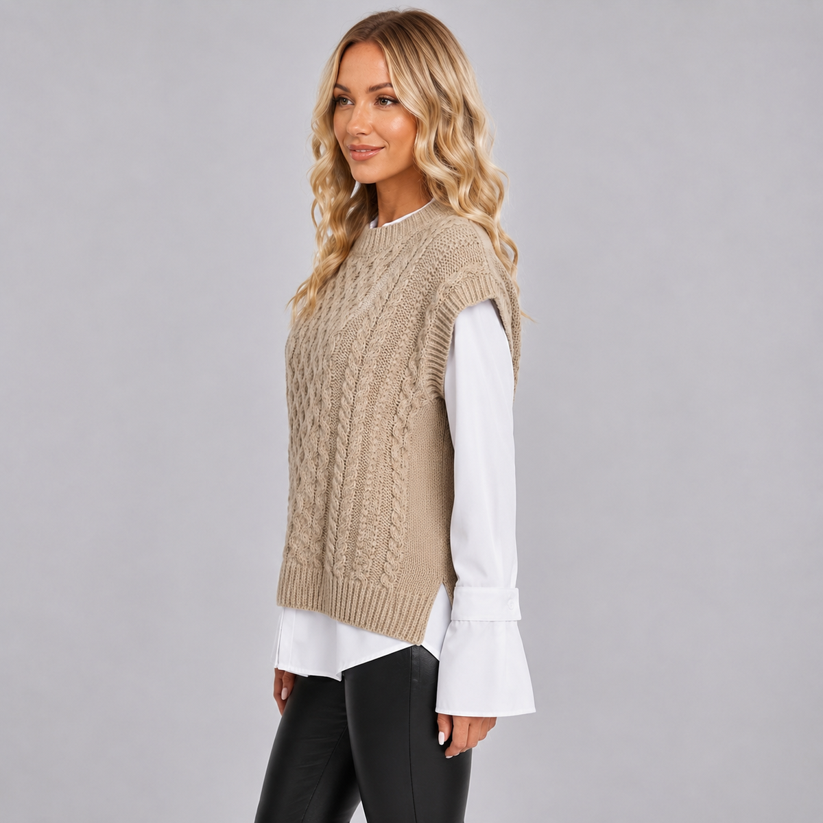 Knitted Vest Womens Cable Stitch Sleeveless Side Split Round Neck Longline