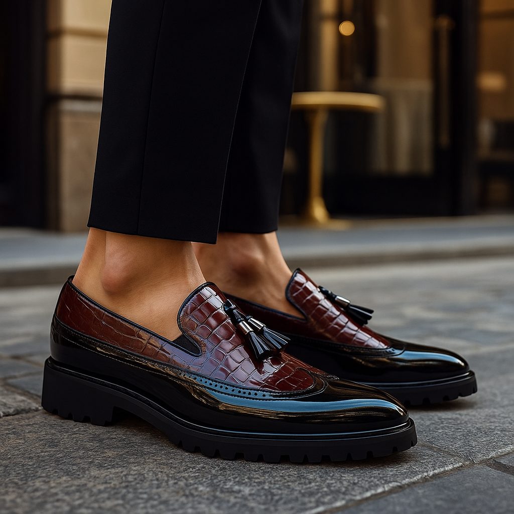 Croc-Embossed Tassel Loafers with Lug Sole for Men