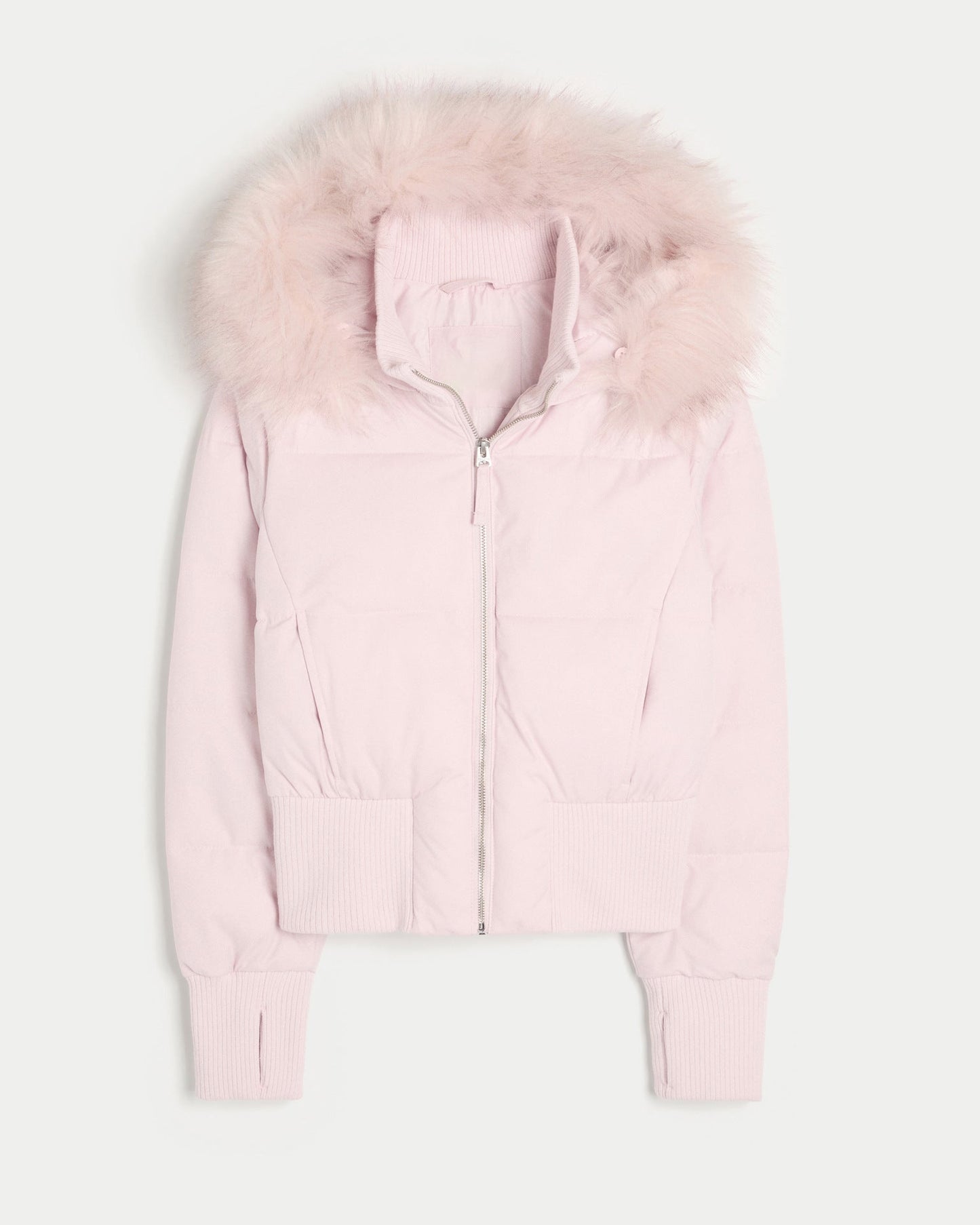 Damen Kurze Steppjacke mit Fellkapuze Frontreißverschluss und langen Ärmeln