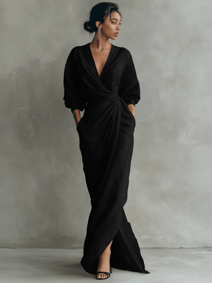 Sleeveless Linen Blend V-Neck Maxi Dress