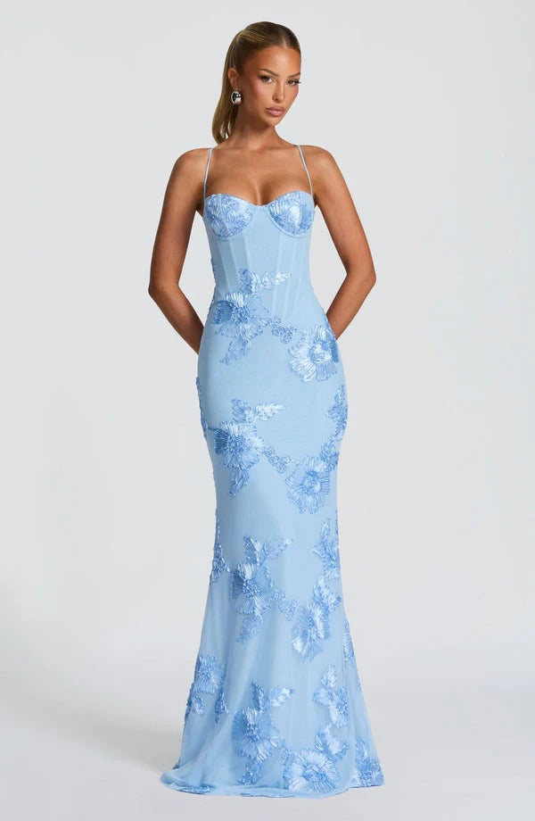 Sweetheart Floral Applique Maxi Dress with Open Back