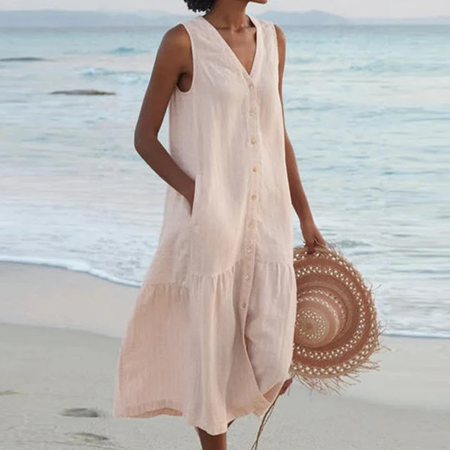 Women's V-Neck Summer Dress with Pockets