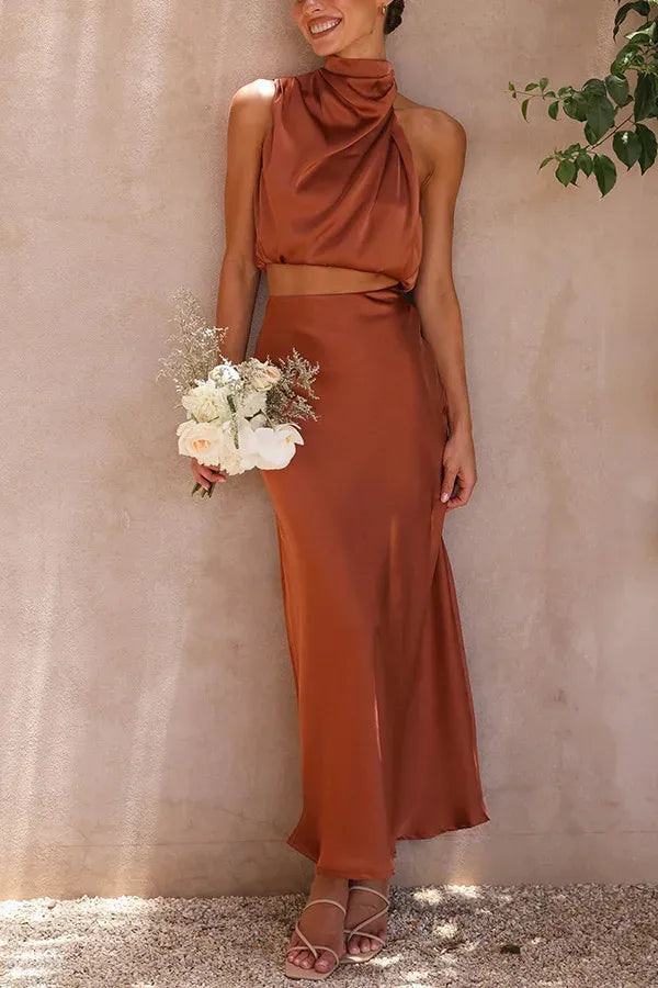 Two Piece Halter Top and Midi Skirt Set