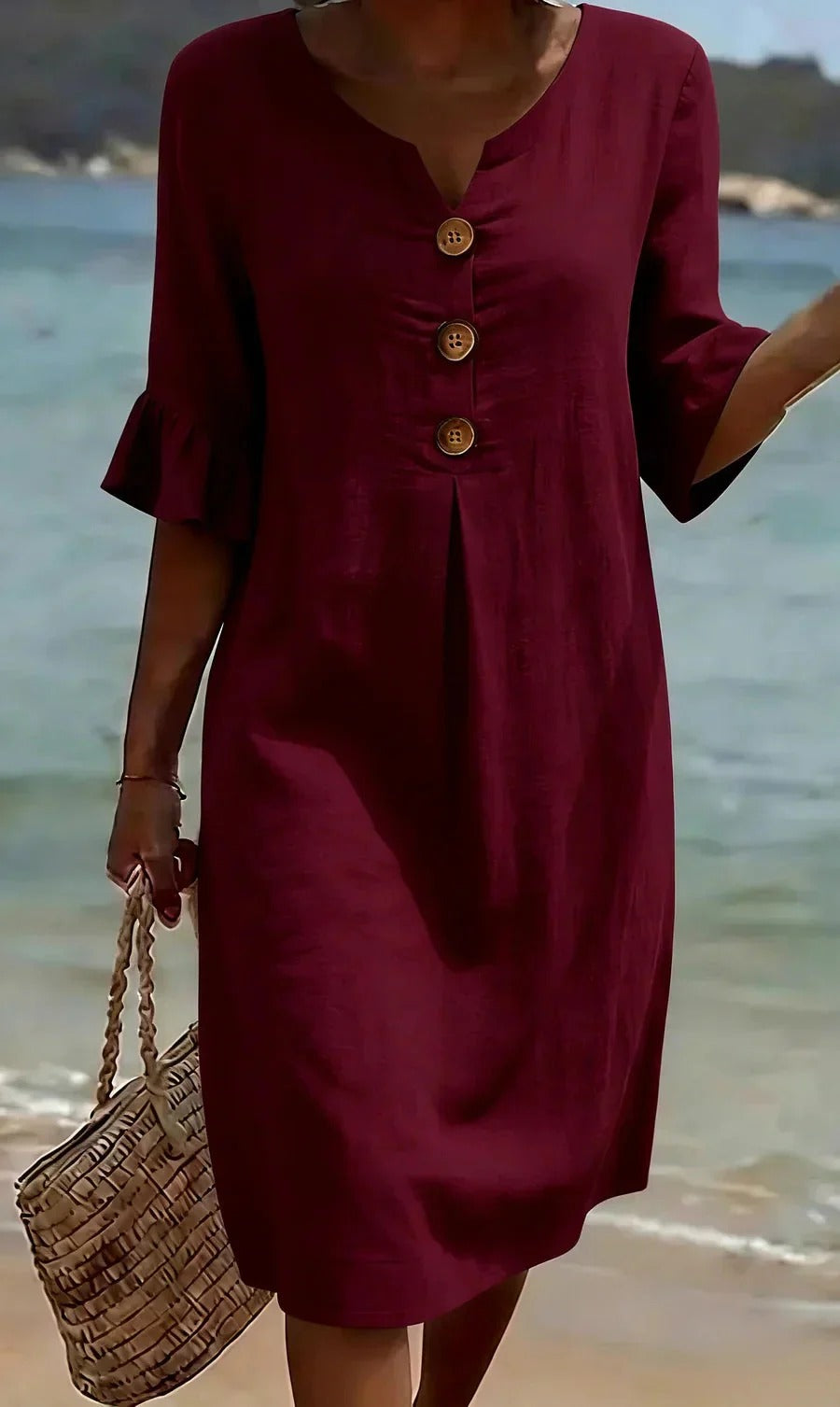 Women's Summer Midi Dress | Linen Look with Wooden Buttons & Ruffled Sleeves