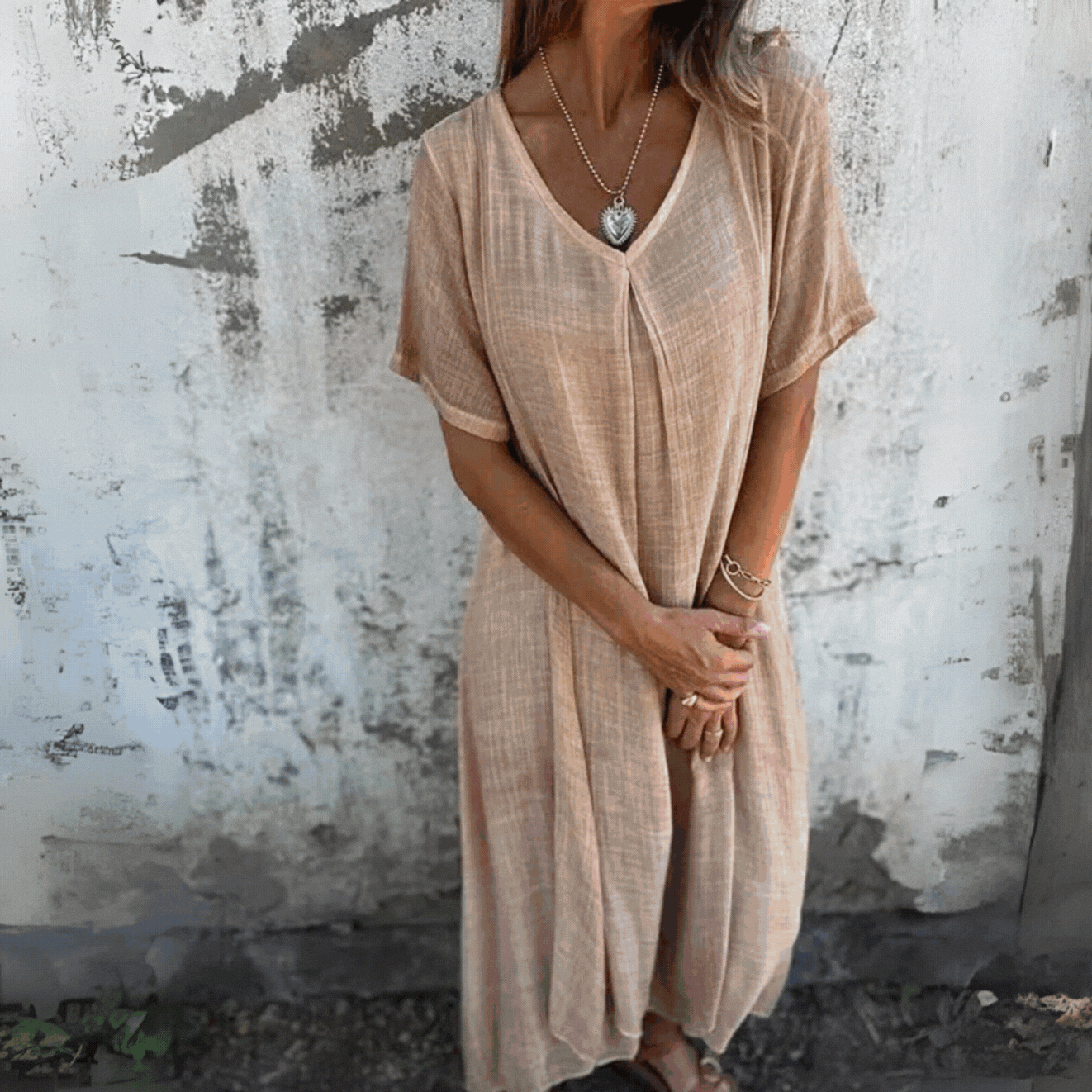 Loose V-Neck Dress in Soft Breathable Fabric