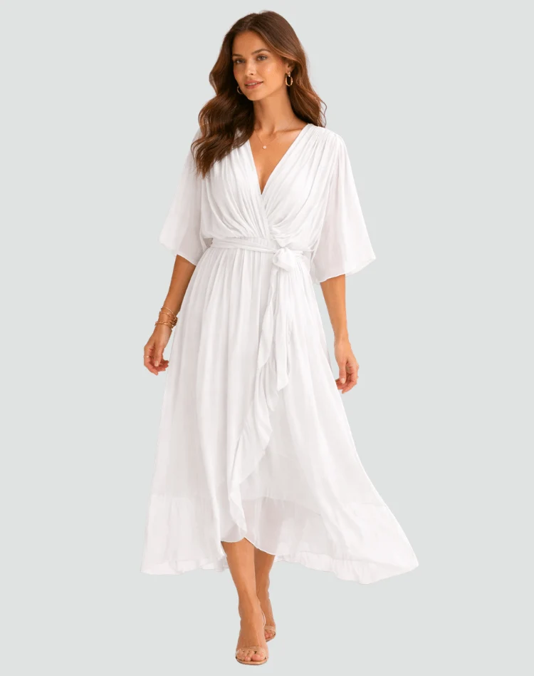 Polyester Wrap Midi Dress with Tie Belt