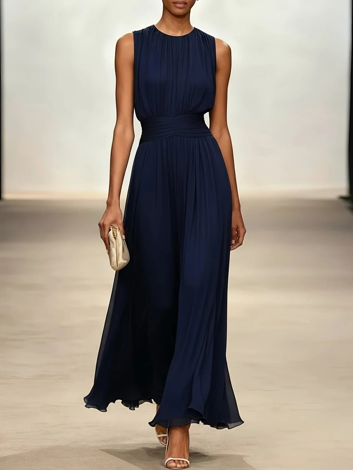 Sleeveless Viscose Maxi Dress with Defined Waist