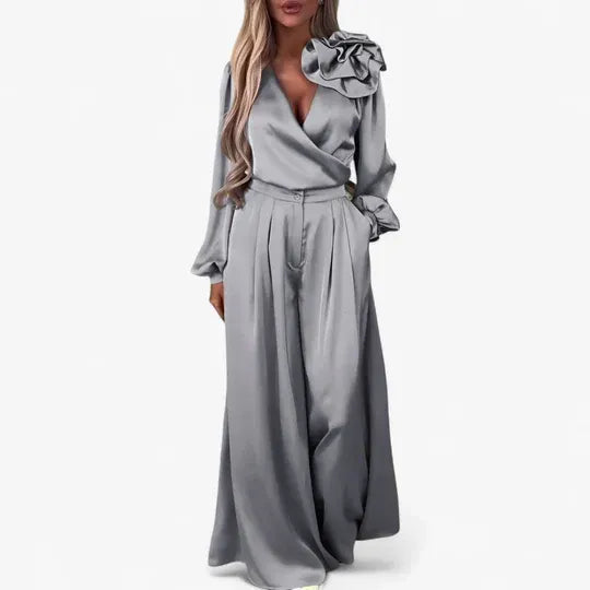 Frida V-Neck Blouse and Trousers Set
