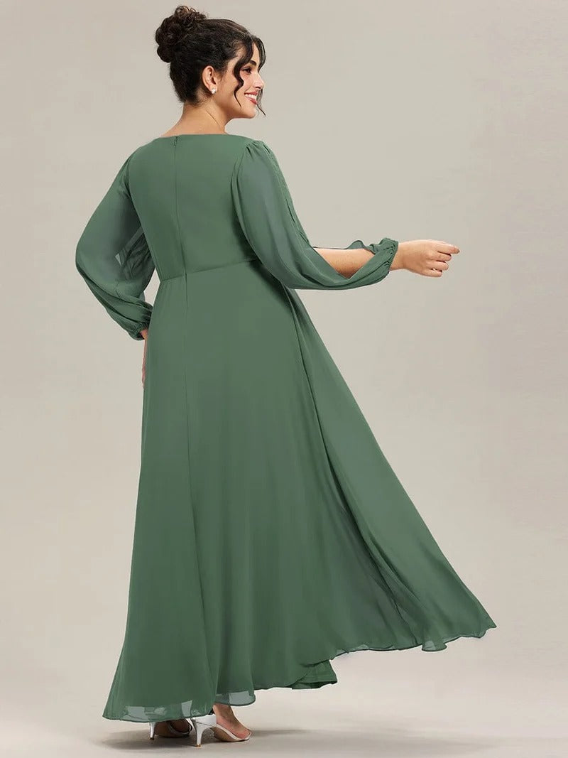 V-Neck Long Sleeve Chiffon Evening Dress