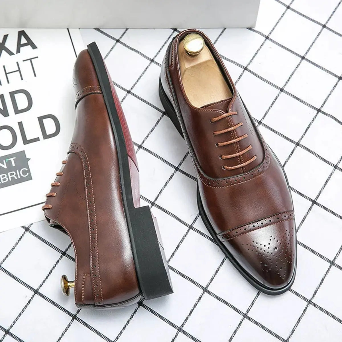 William | Men's Genuine Leather Cap-Toe Brogue Oxford Shoes Red Sole