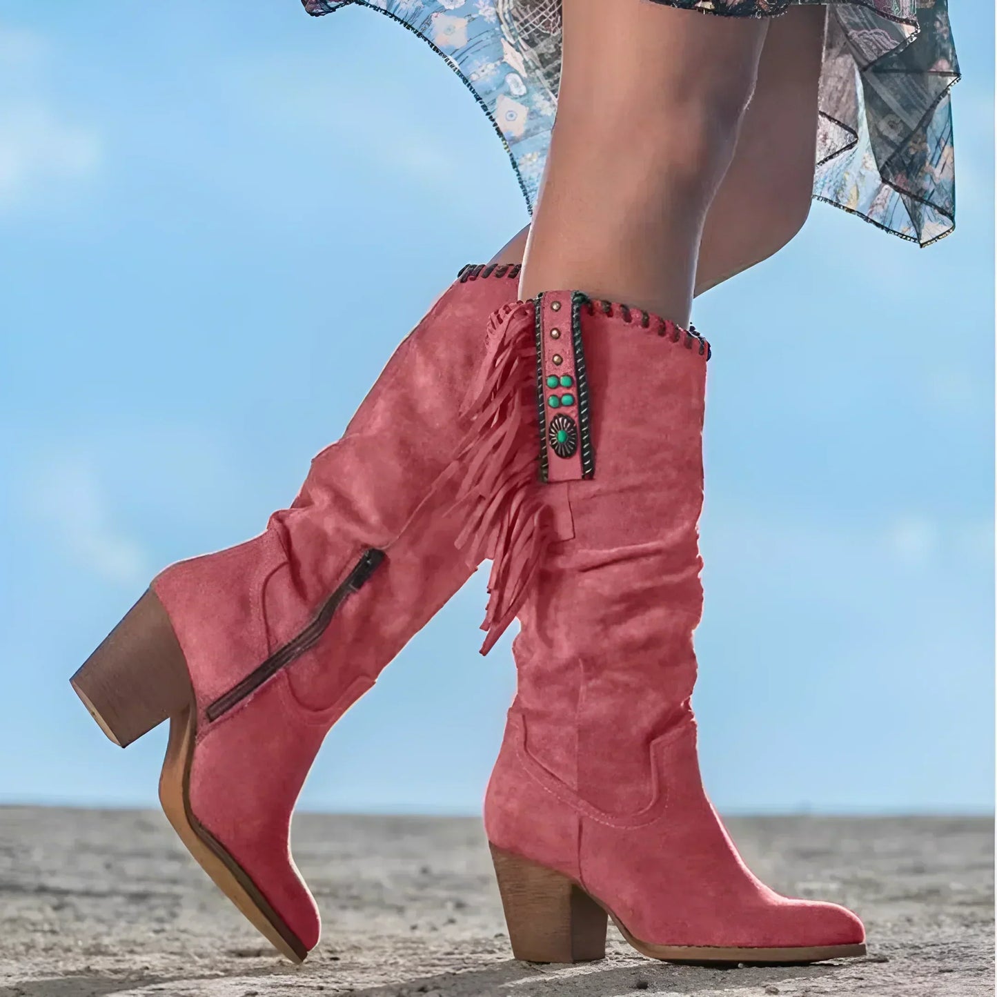 Stiefel Damen mit Fransen und Blockabsatz