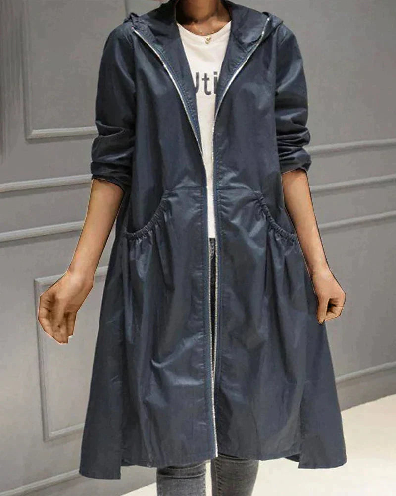 Women's Waterproof Hooded Jacket - Relaxed Fit, Knee Length