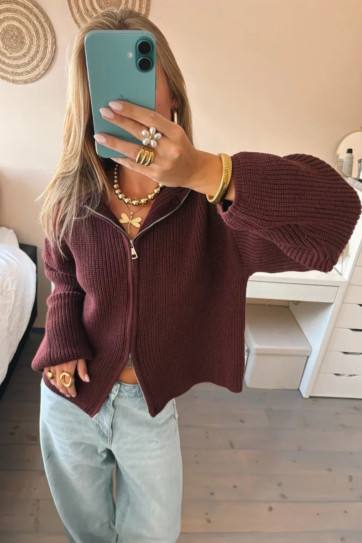 Cardigan Women - Ribbed Zip Cardigan with Collar and Balloon Sleeves