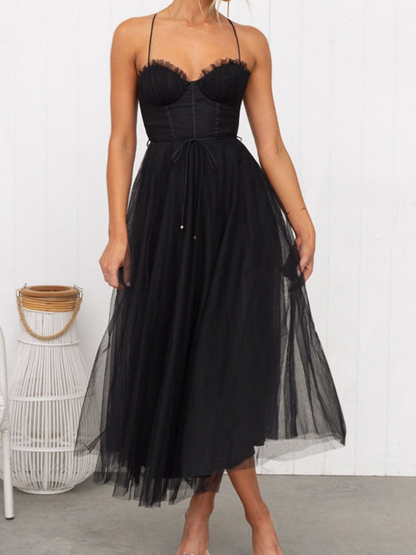 Women’s Corset Summer Midi Dress | Tulle Skirt & Spaghetti Strap