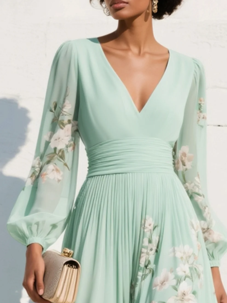 Women’s Floral V-Neck Midi Dress | Elegant