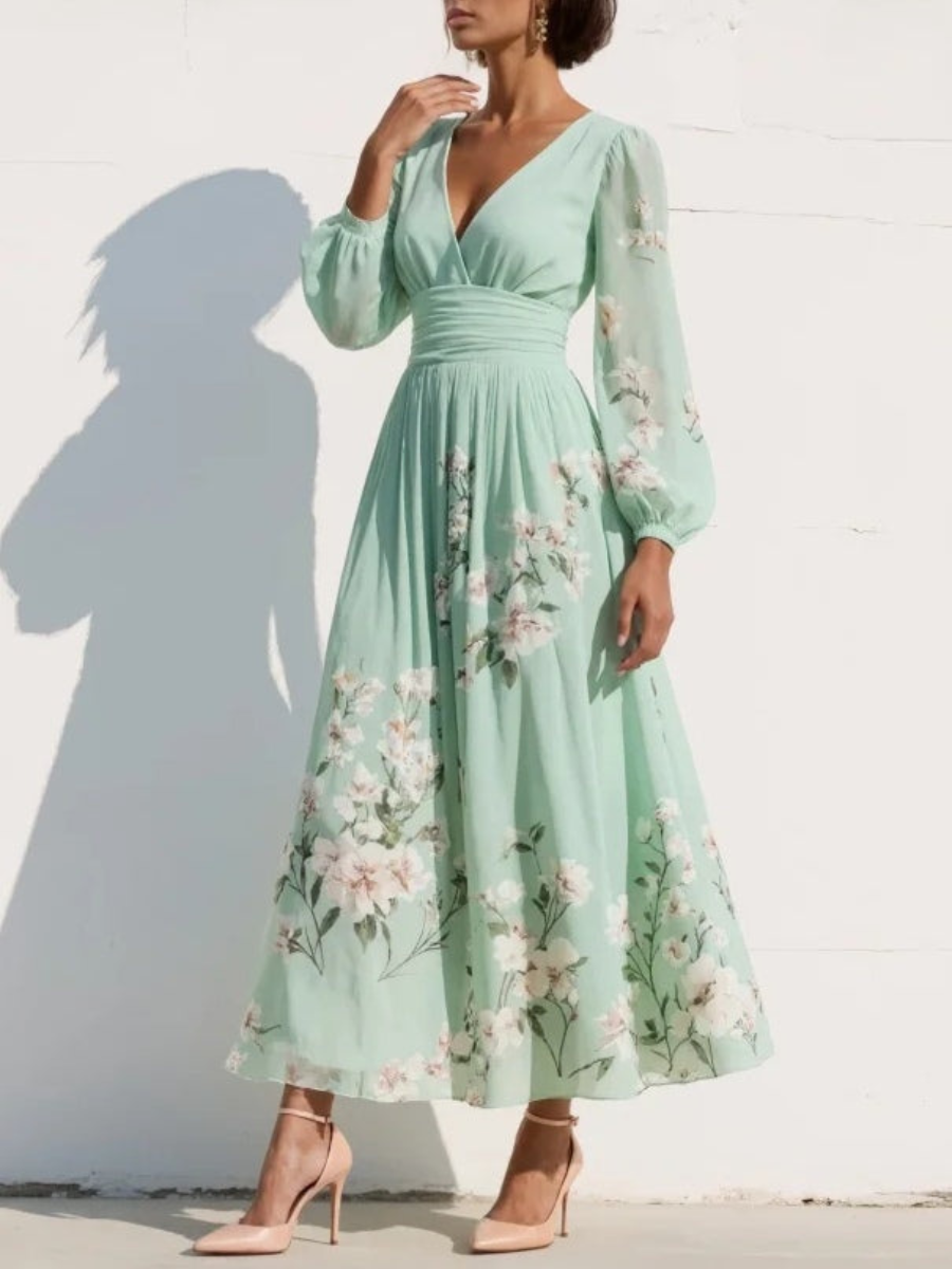 Women’s Floral V-Neck Midi Dress | Elegant