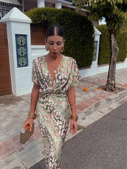 Women’s Printed V-Neck Midi Dress | Twist Front