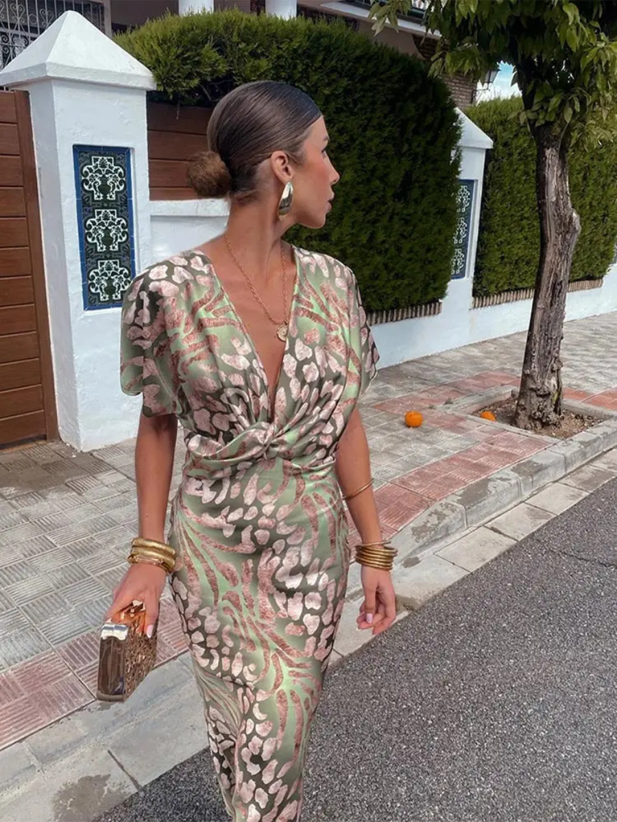 Women’s Printed V-Neck Midi Dress | Twist Front