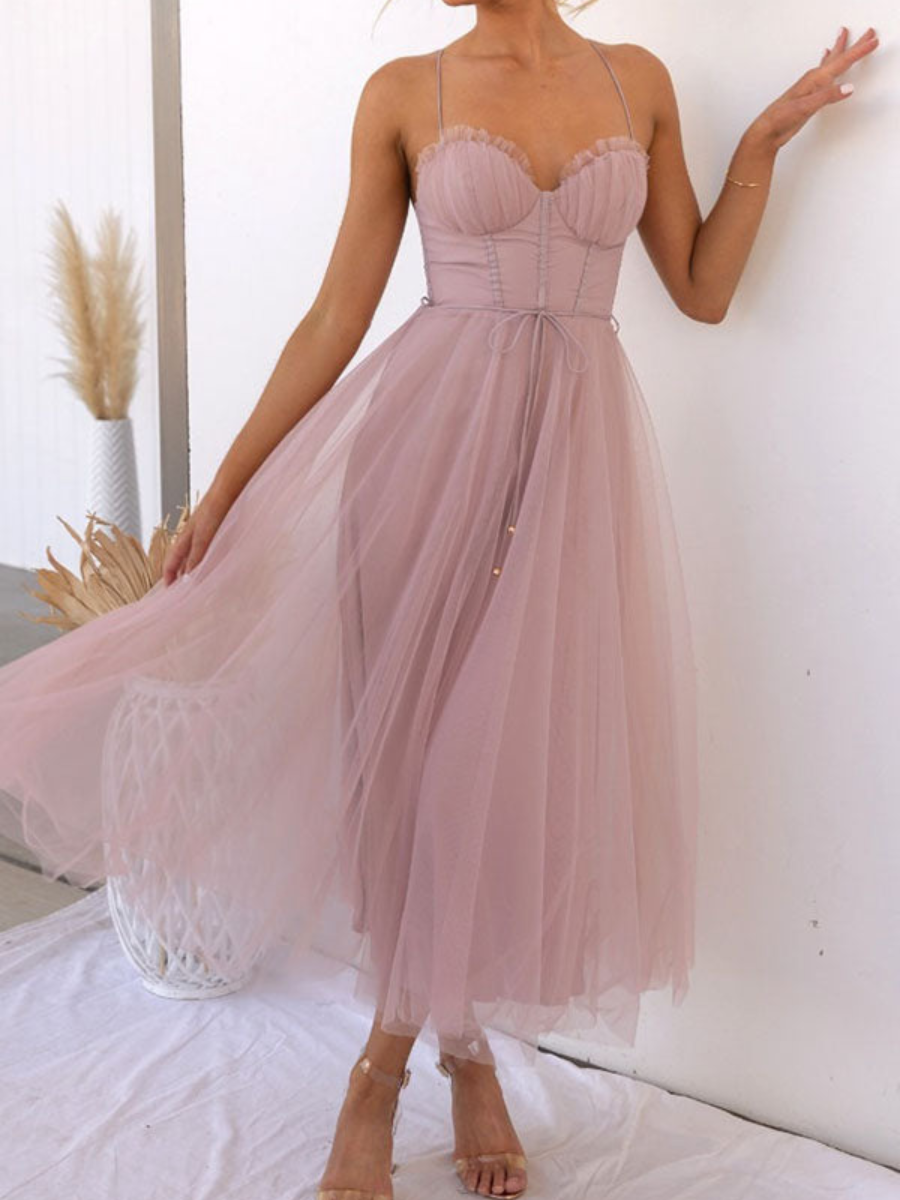 Women’s Corset Summer Midi Dress | Tulle Skirt & Spaghetti Strap