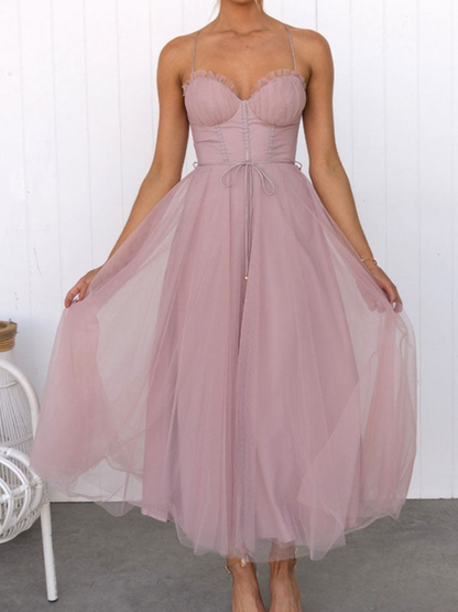 Women’s Corset Summer Midi Dress | Tulle Skirt & Spaghetti Strap