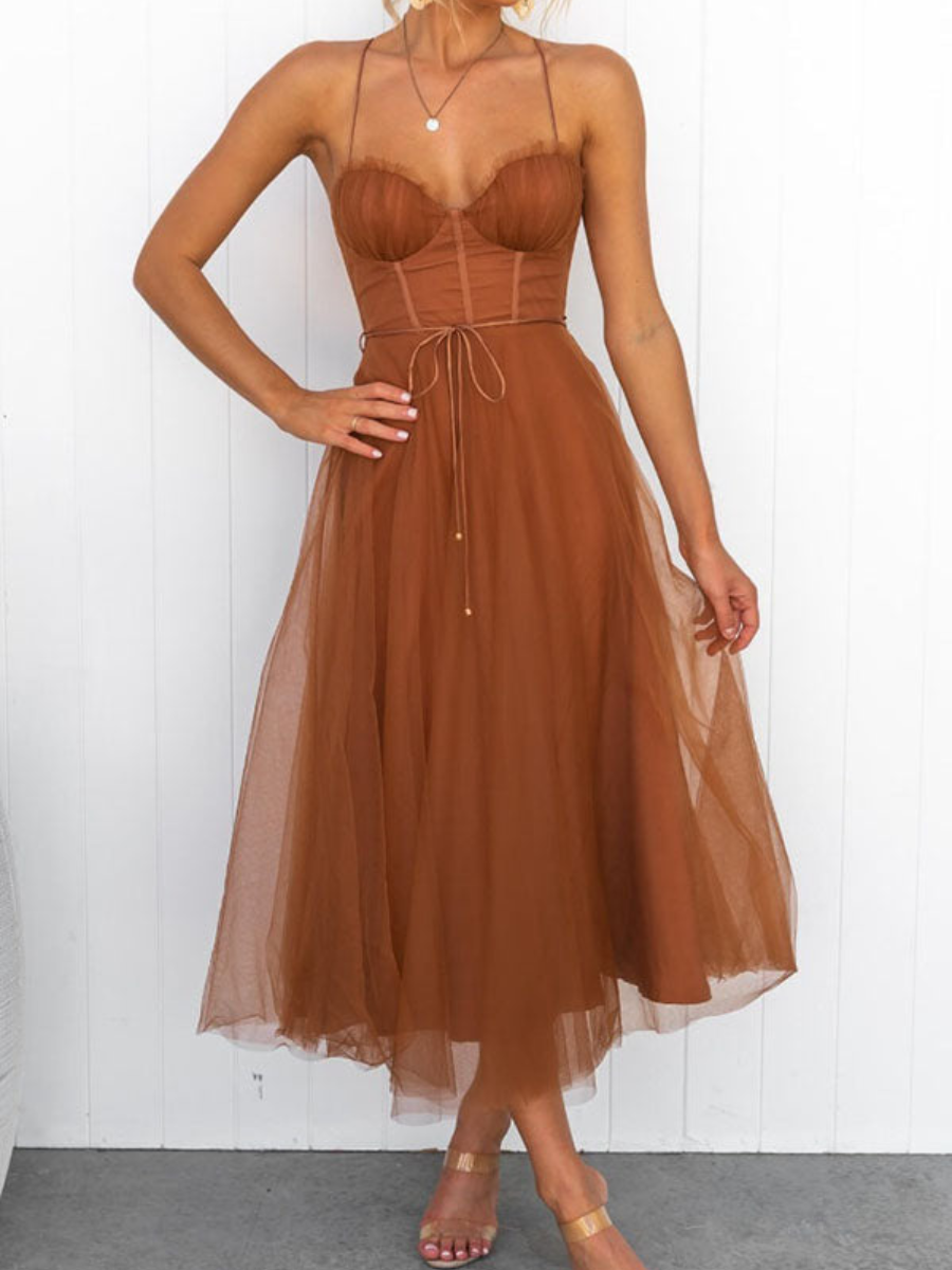 Women’s Corset Summer Midi Dress | Tulle Skirt & Spaghetti Strap