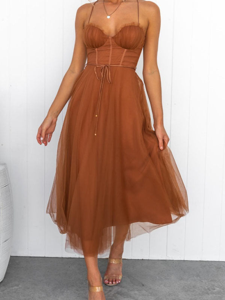Women’s Corset Summer Midi Dress | Tulle Skirt & Spaghetti Strap