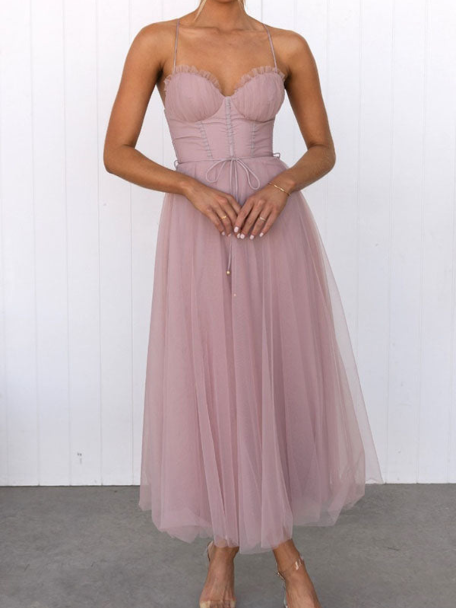 Women’s Corset Summer Midi Dress | Tulle Skirt & Spaghetti Strap