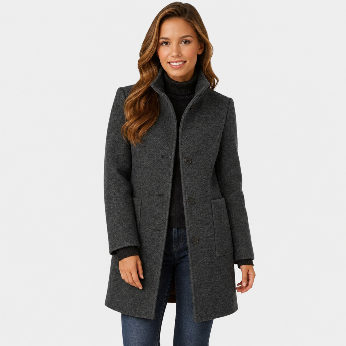 Adalyn | Timeless Long Wool-Blend Coat with Structured Collar and Button Closure