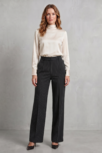 Women's High Waisted Pinstripe Wide Leg Trousers - Néviane