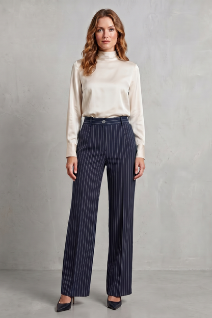 Women's High Waisted Pinstripe Wide Leg Trousers - Néviane