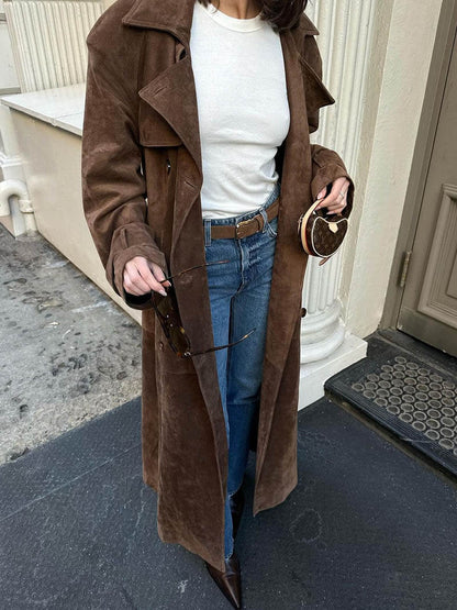 Calora | Womens Vegan Suede Belted Maxi Trench Coat
