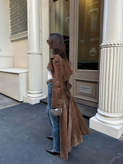 Calora | Womens Vegan Suede Belted Maxi Trench Coat