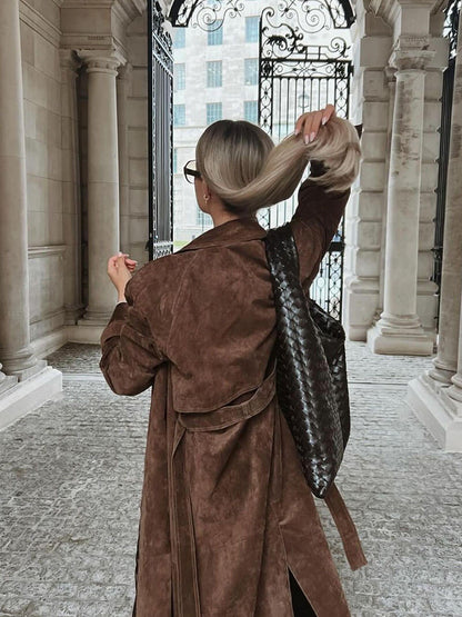 Calora | Womens Vegan Suede Belted Maxi Trench Coat