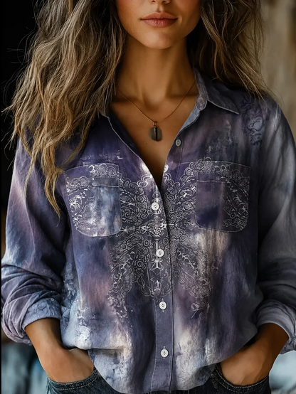 Vintage Floral Button-Down Shirt with Tapestry Print