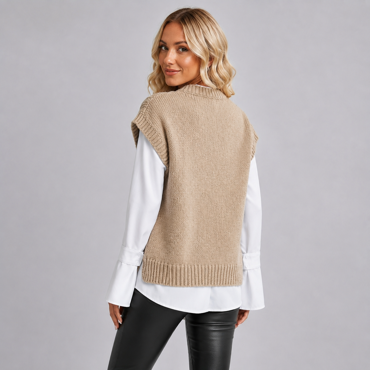 Knitted Vest Womens Cable Stitch Sleeveless Side Split Round Neck Longline