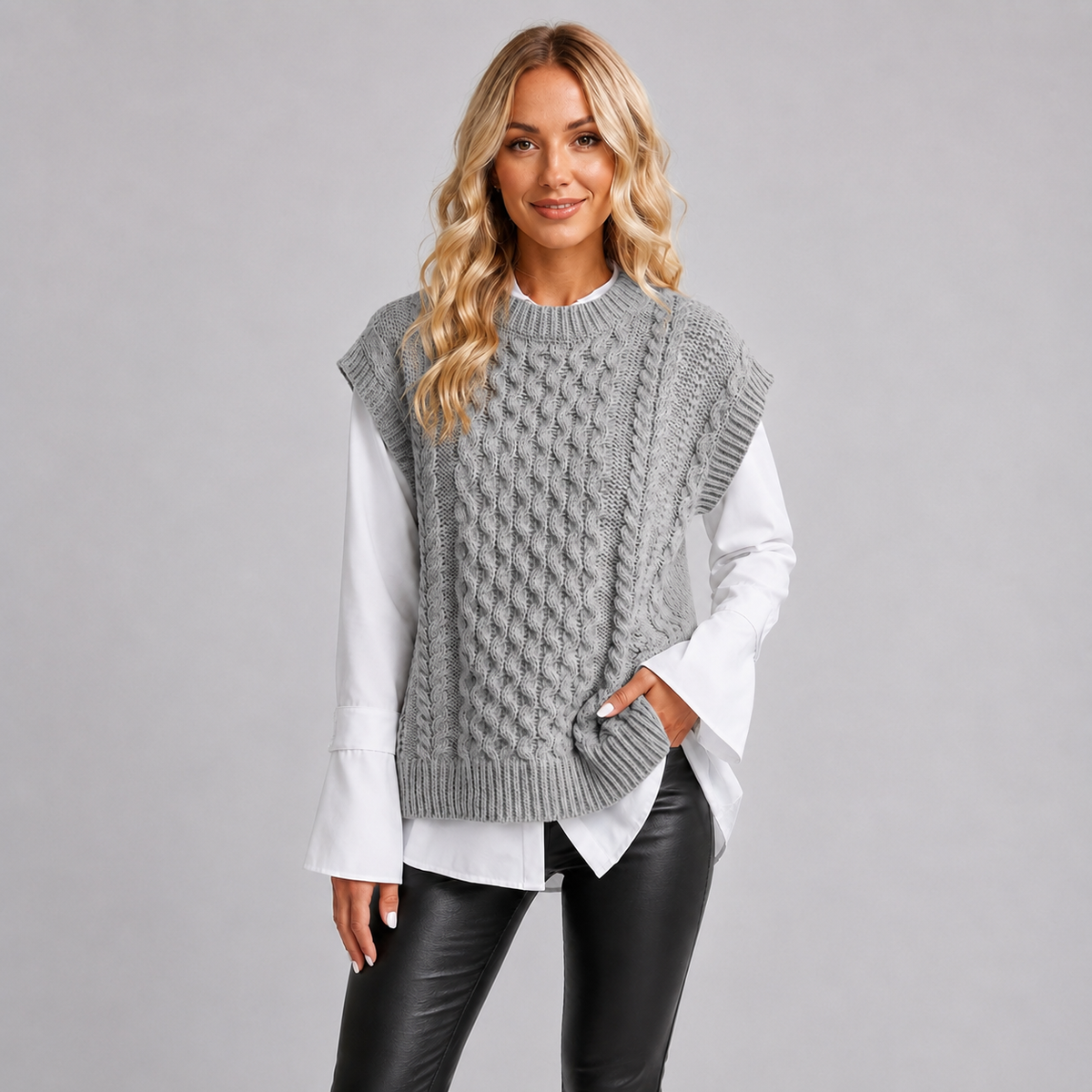 Knitted Vest Womens Cable Stitch Sleeveless Side Split Round Neck Longline