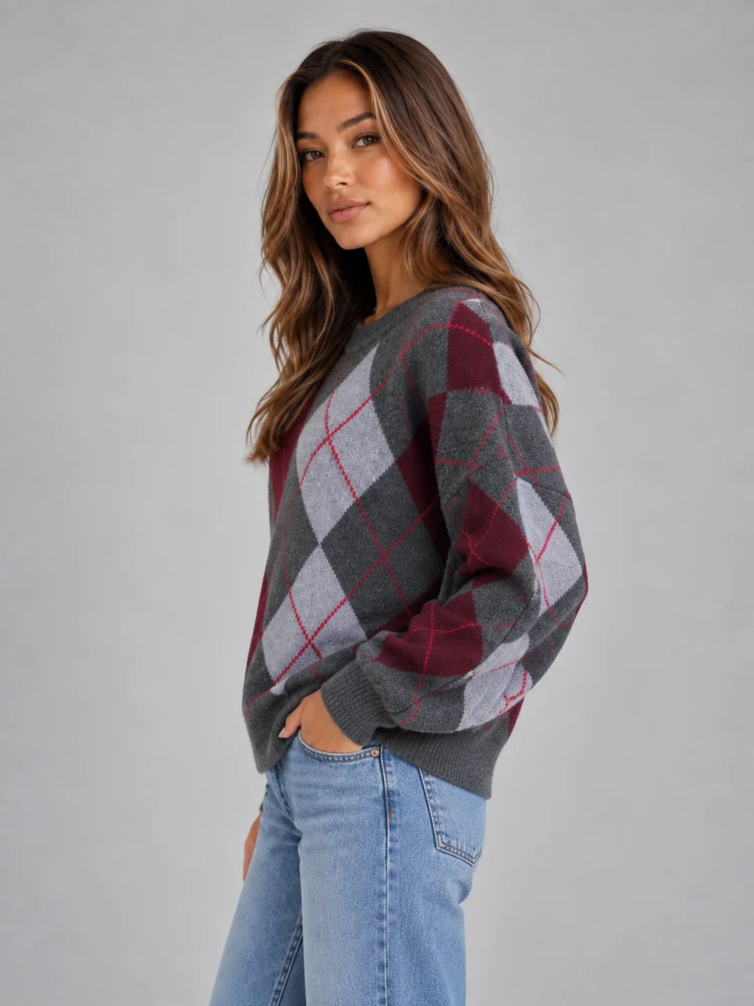 Jumper Women - Argyle Knit Jumper with Crew Neck