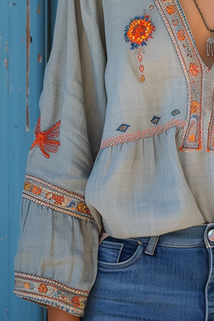 Women’s Boho Embroidered Blouse | V-Neck