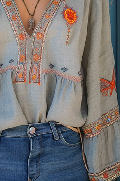 Women’s Boho Embroidered Blouse | V-Neck