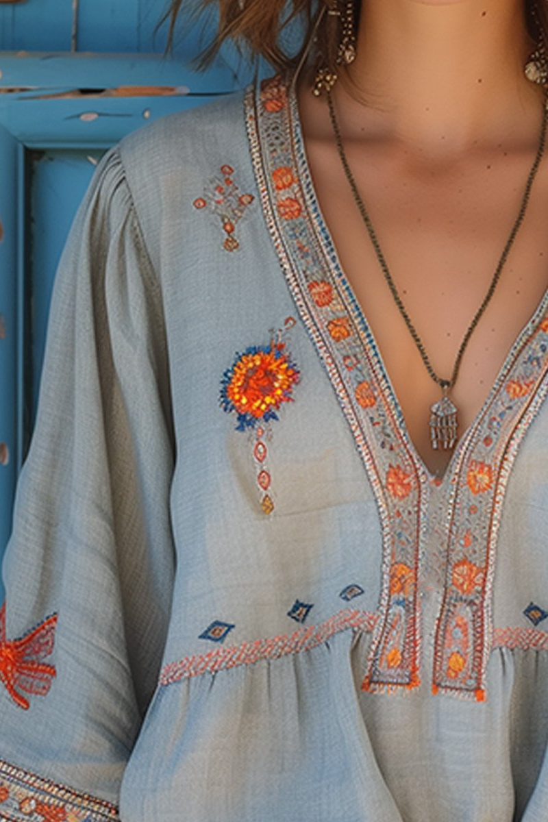 Women’s Boho Embroidered Blouse | V-Neck