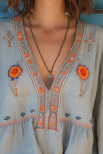 Women’s Boho Embroidered Blouse | V-Neck