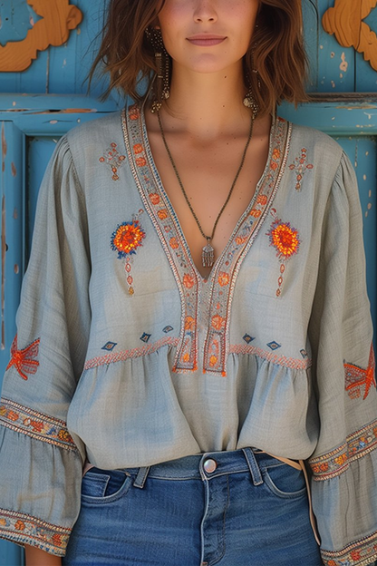 Women’s Boho Embroidered Blouse | V-Neck