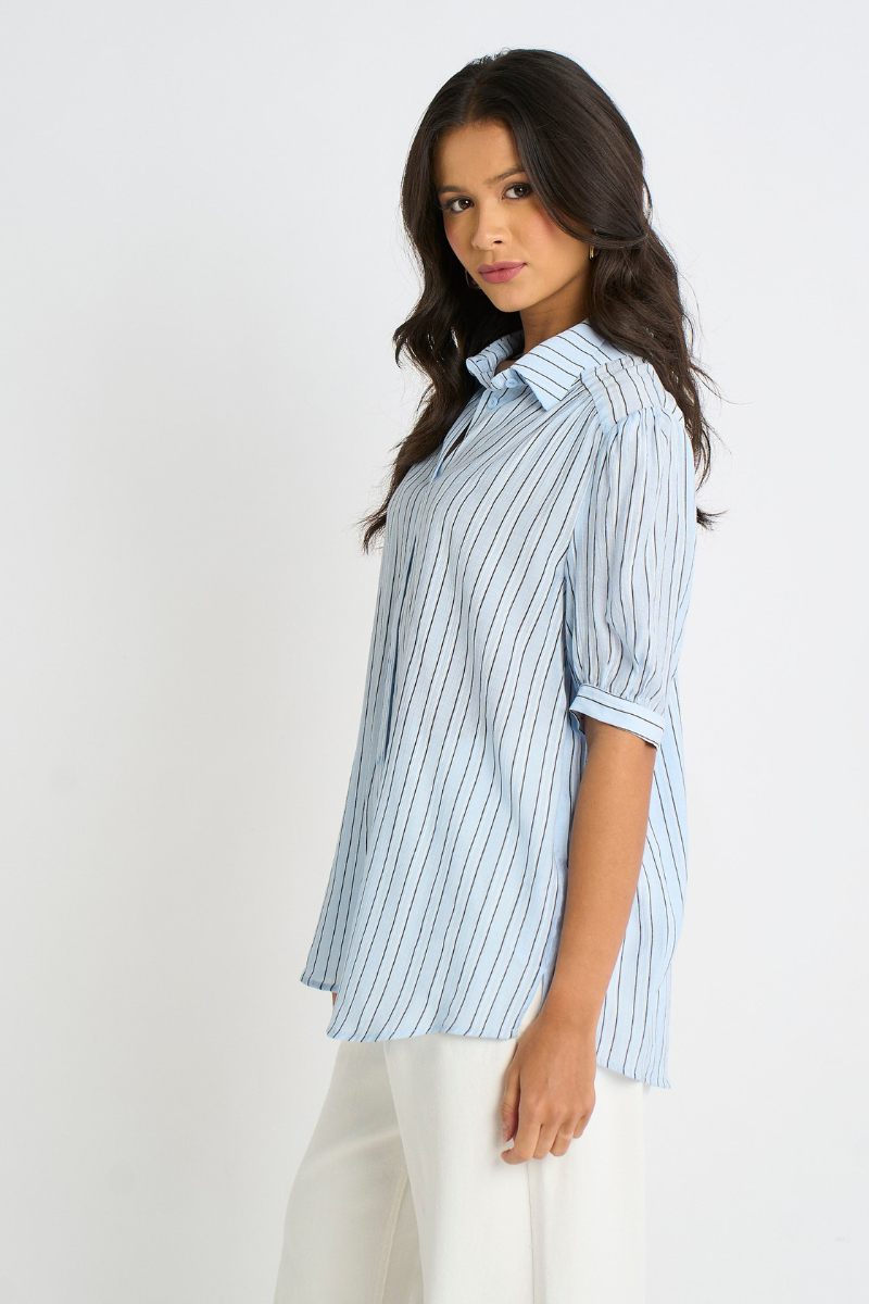 Women’s Pinstripe Puff Sleeve Shirt | Blue