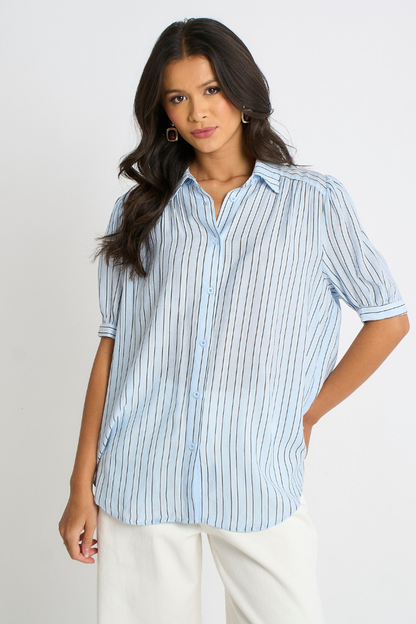 Women’s Pinstripe Puff Sleeve Shirt | Blue