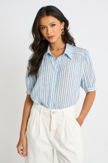 Women’s Pinstripe Puff Sleeve Shirt | Blue