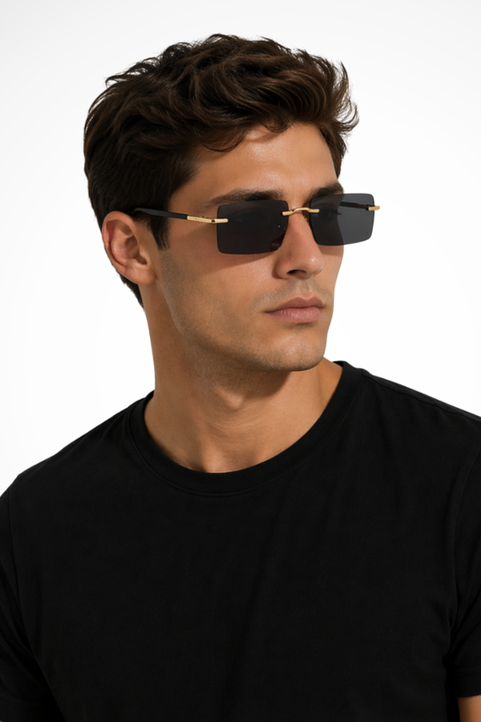 Men’s Rimless Rectangle Sunglasses | Gold Detail
