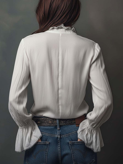 Women’s Zip Front Blouse | Flounce Sleeve