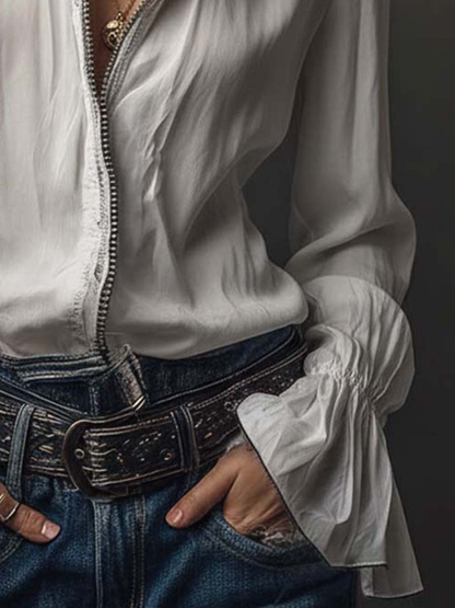 Women’s Zip Front Blouse | Flounce Sleeve