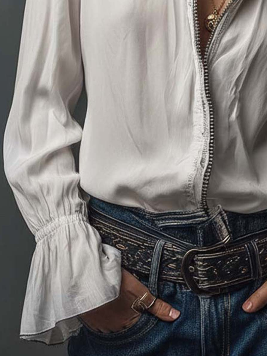 Women’s Zip Front Blouse | Flounce Sleeve