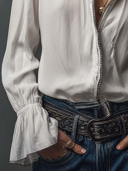 Women’s Zip Front Blouse | Flounce Sleeve